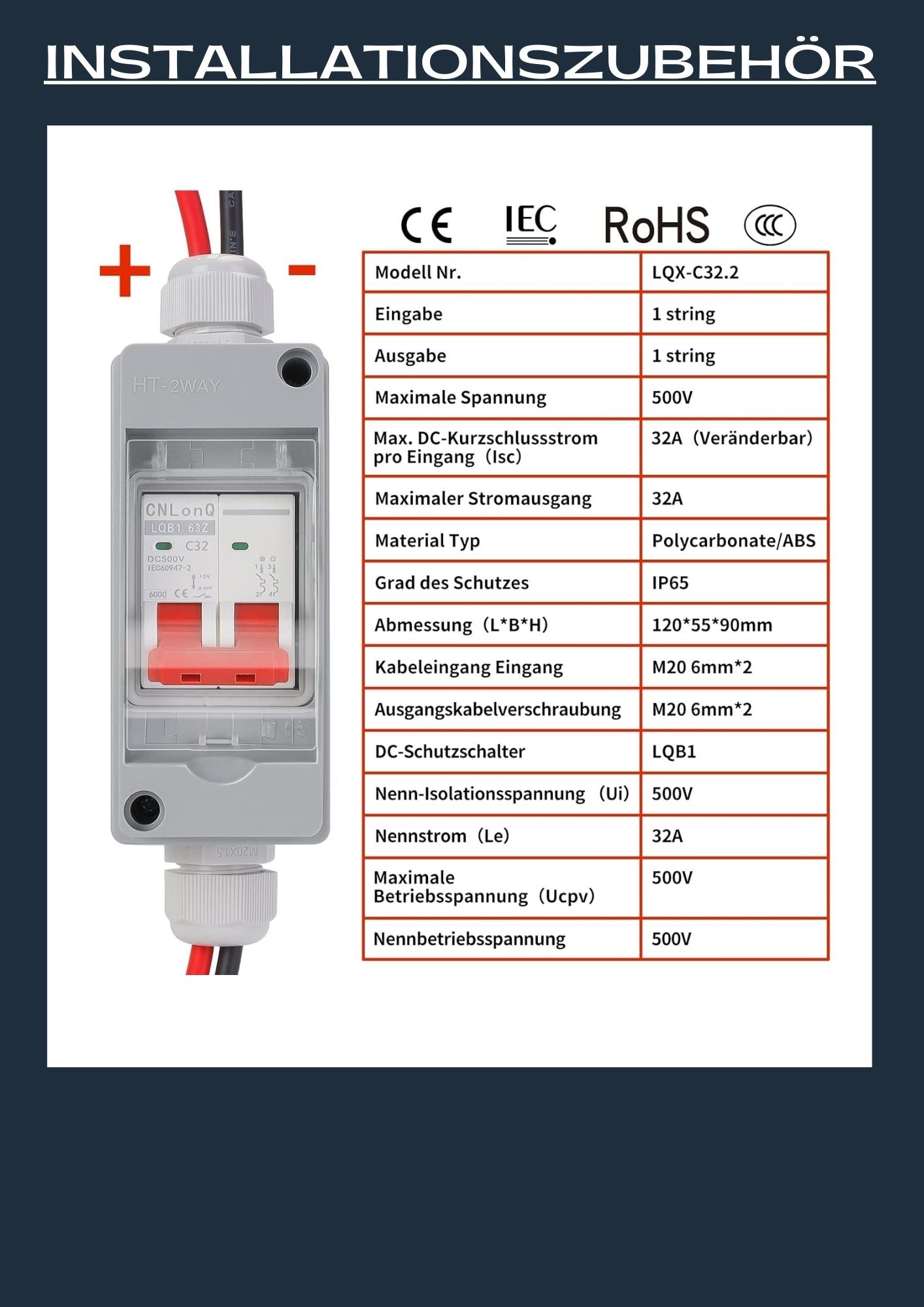 DC Trennschalter PV Anlage 32A 500V Solar Trennschalter IP65 Wasserdichter Leistungsschalter MC 4 Verbinder für Photovoltaikanlage PV Modul