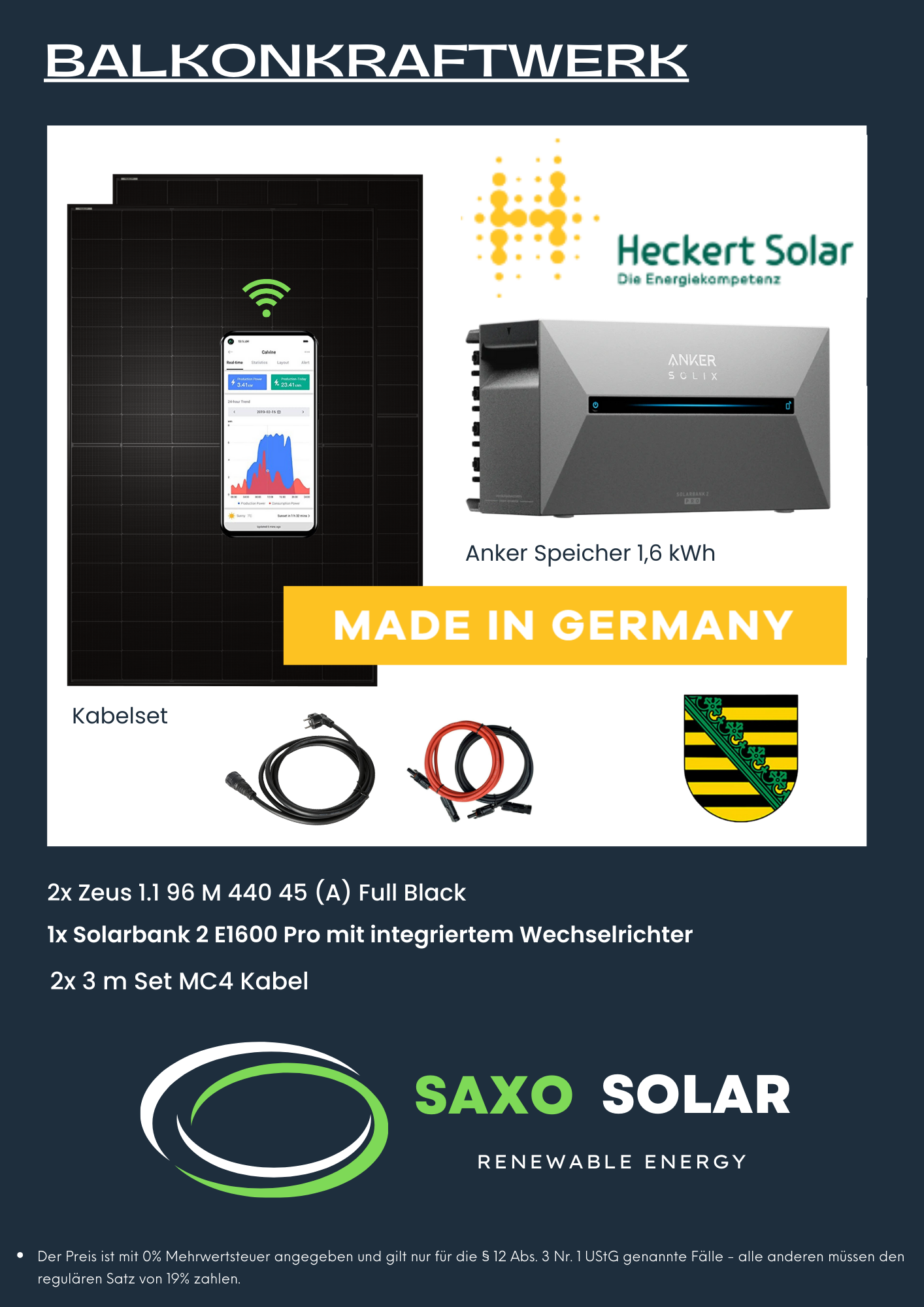880W Balkonkraftwerk "Made in Germany" Qualität aus Sachsen mit Speicher