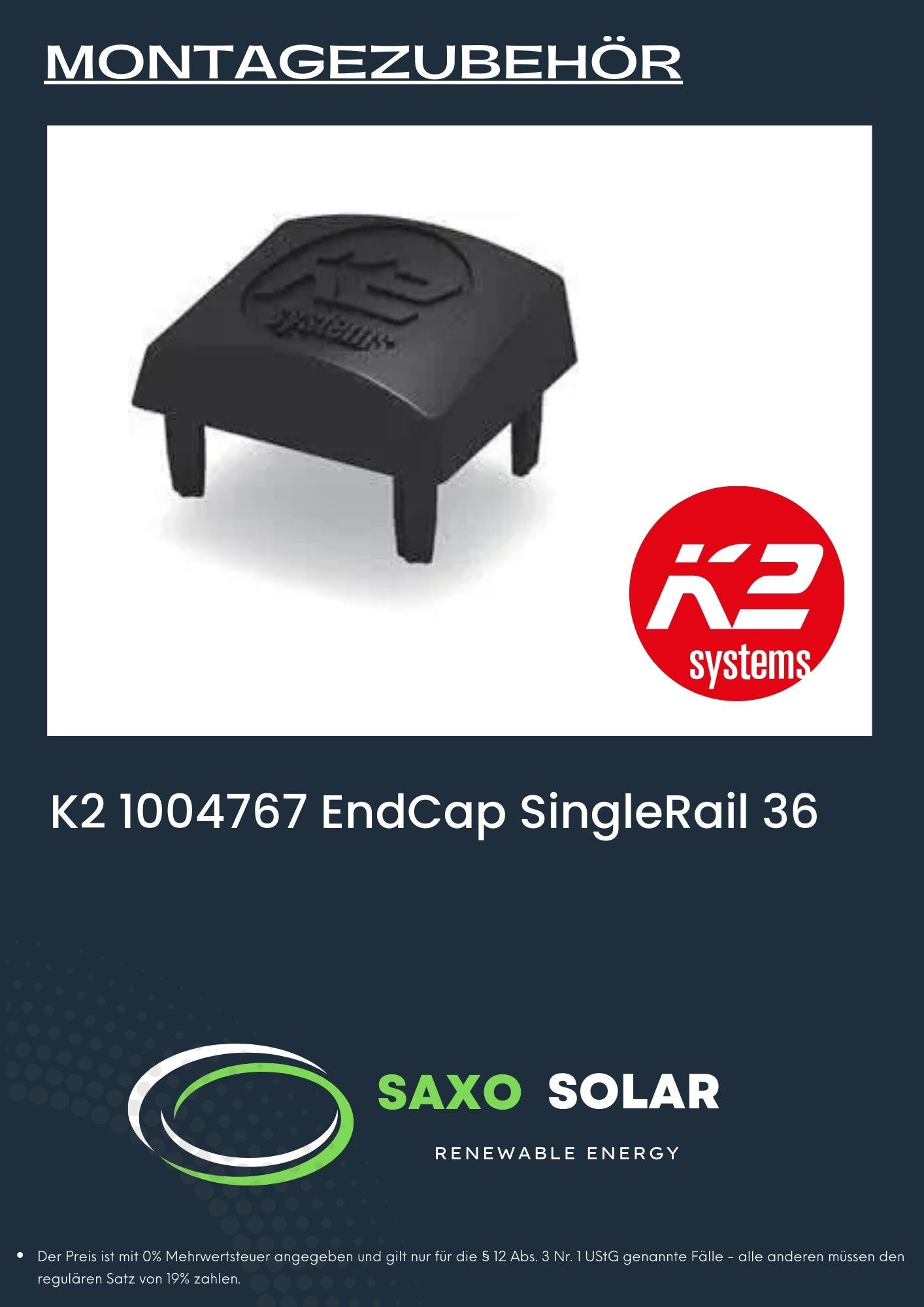 K2 1004767 EndCap SingleRail 36