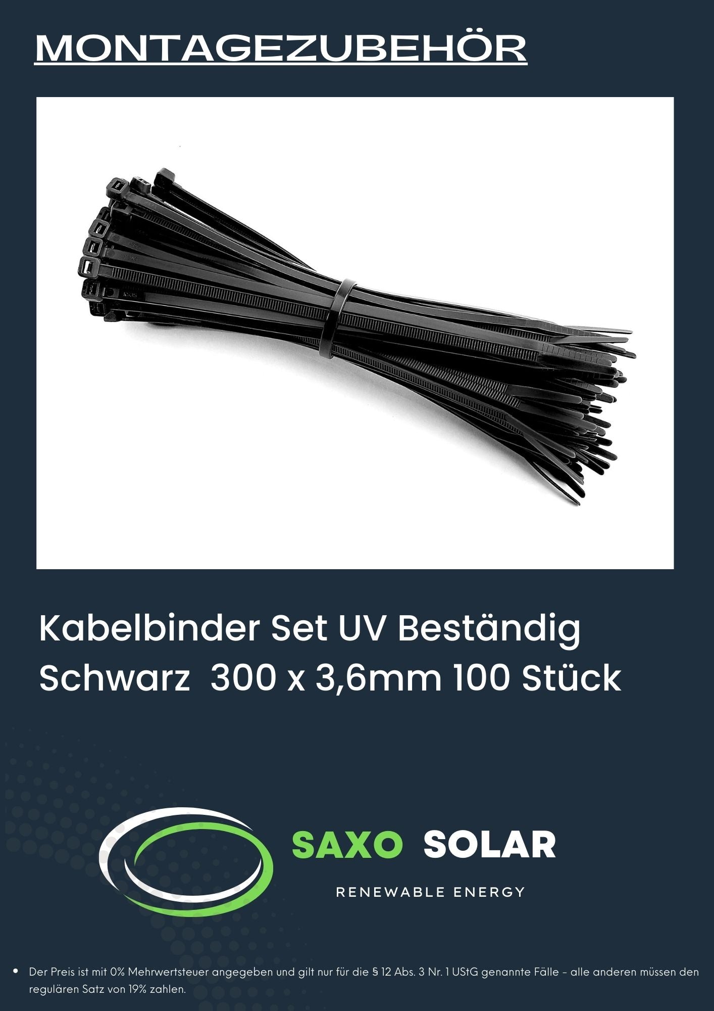 100 Sück Kabelbinder Set UV Beständig Schwarz 300 x 3,6mm