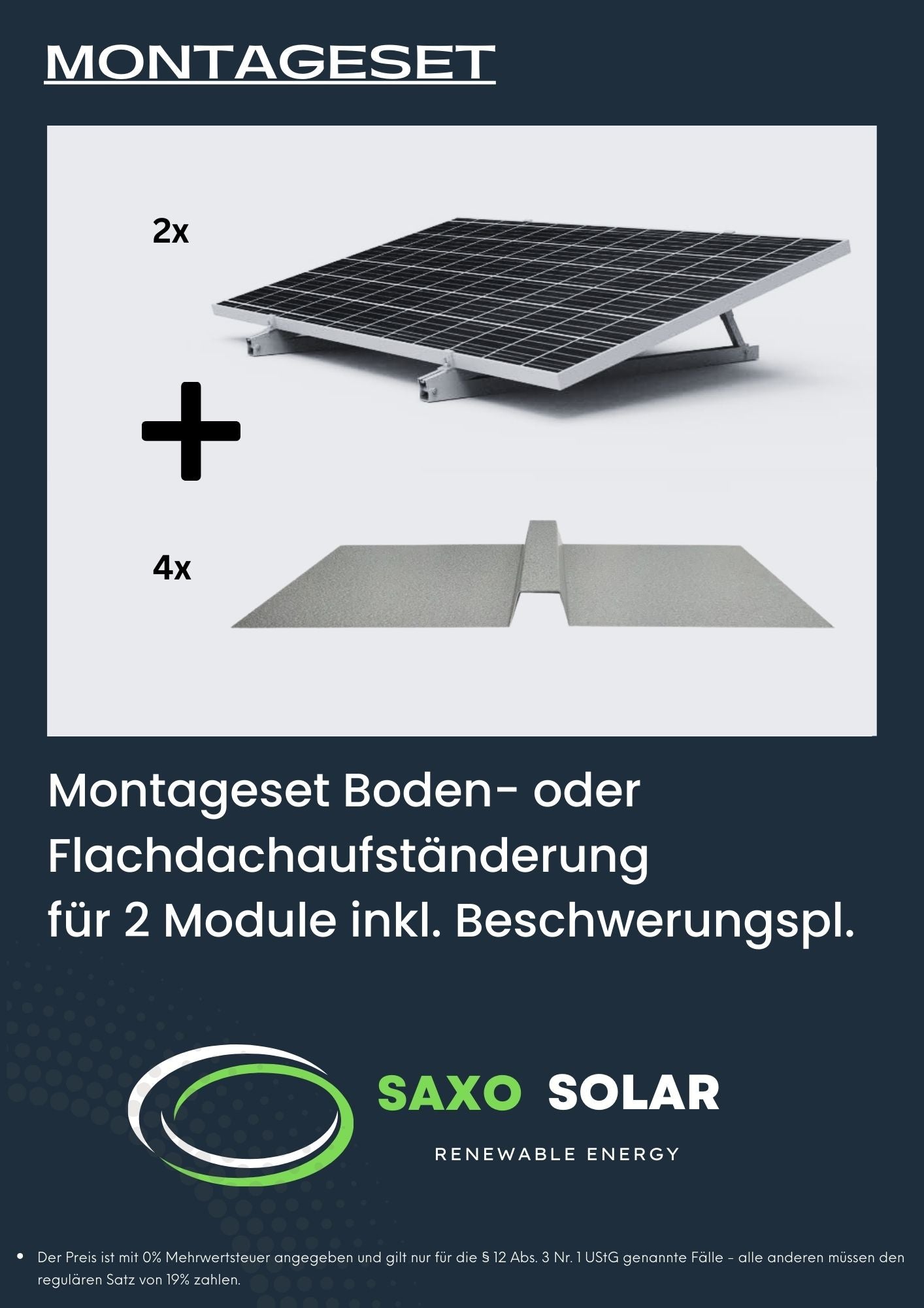 Montageset Boden- oder Flachdachaufständerung für 2 Module inkl. Beschwerungspl.