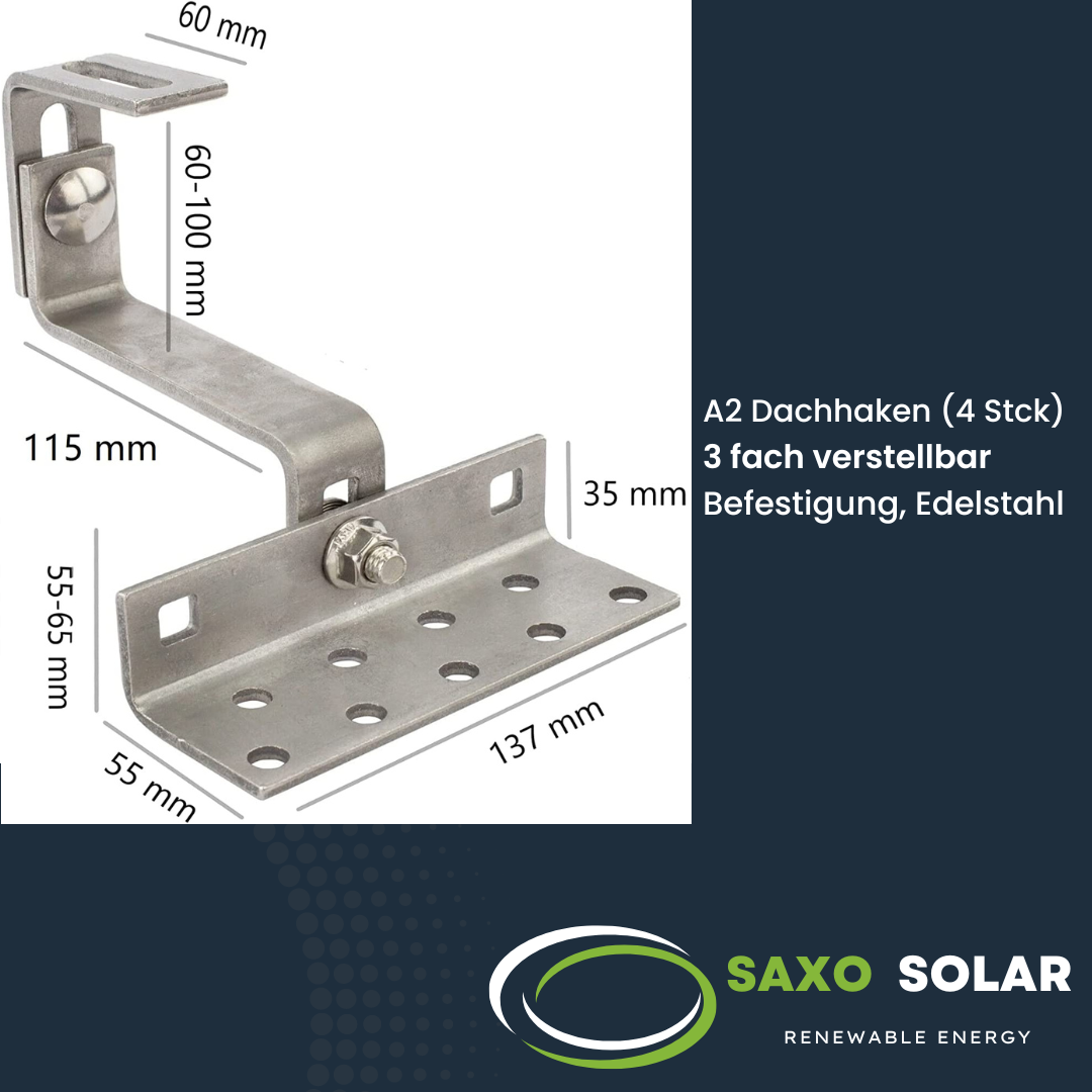 4 Stück Solarmodul A2 Dachhaken 3-fach verstellbar aus Edelstahl Solar PV Solarmodul Dachhaken Halterung Zur Montage von Solarpanelen Photovoltaik Seitenmontage