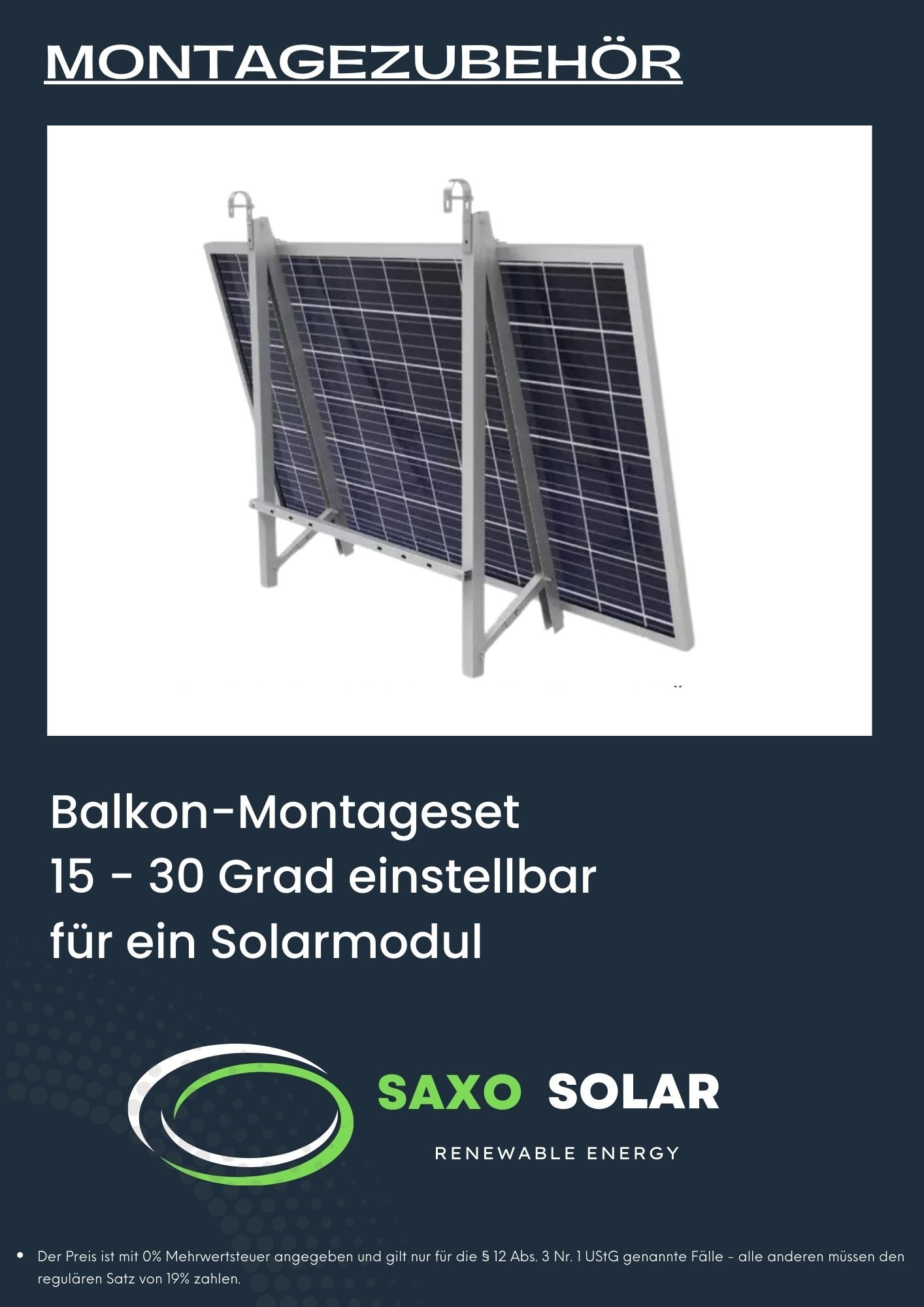 Balkon-Montageset  15 - 30 Grad einstellbar  für ein Solarmodul