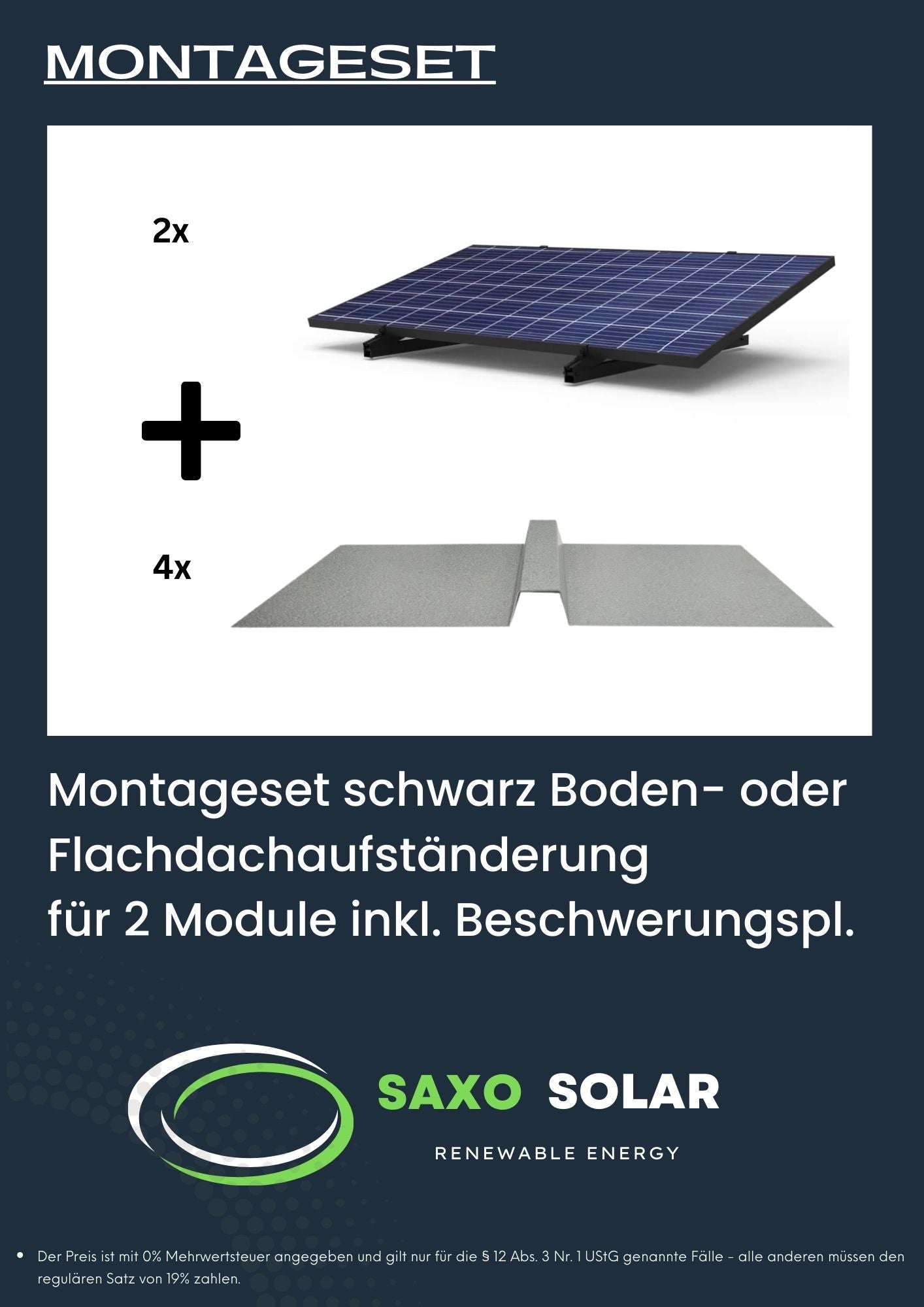 Montageset schwarz Boden- oder Flachdachaufständerung  für 2 Module inkl. Beschwerungspl.