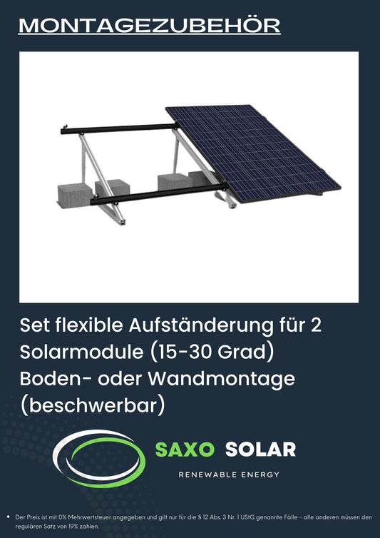 Set flexible Aufständerung für 2  Solarmodule (15-30 Grad)   Boden- oder Wandmontage (beschwerbar)